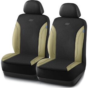 Skechers Work Car Seat Covers, Leather Seat Covers 5-Times Stronger Built-in Webbing, Oxford Fabric Seat Cover for Cars, Airbag Compatible, Automotive Comfort for Cars, Trucks, SUVs (Beige, Full Set)