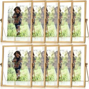 9 Pieces Glass Picture Frame Metal Floating Frame Photo Frame Pressed Glass Photo Frame Vintage Brass Picture Frame Metal Geometric Picture Frame Desk Vertical Frame, 4 x 6 Inch (Gold)