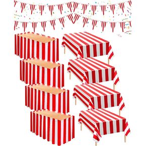 Chumia 10 Pcs Carnival Theme Party Decorations Circus Decorations Carnival Table Skirts Carnival Tablecloths Red White Striped Pennant Banners Circus Carnival Bunting Banners for Carnival Circus