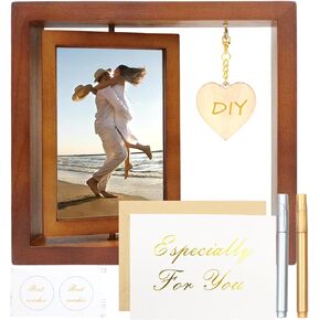 E-Bro Double Sided Rotating Floating 4x6 Rustic Wood Picture Frame Gifts with DIY Heart-Shaped Pendant - Romantic Wedding Gifts for Couples, Unique Engagement Gifts (Brown)