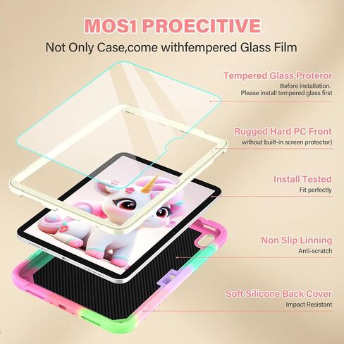 TOMORRY for iPad (A16) 11th Generation 11 Inch 2025/iPad 10th Generation Case 10.9 Inch 2022 with Tempered Glass Screen Protector,Unicorn Stand,Shoulder Strap,for iPad 10 Case Kids Girls (Colorful) in Kuwait