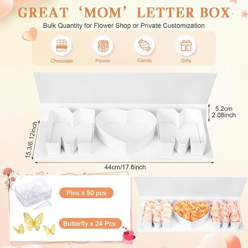 Cholemy Mother's Day MOM Empty Flower Gift Box Letter Shaped Fillable MOM Gift Box with Plastic Liners 24 Gold Butterfly Decor 50 Bouquet Flower Pins DIY Craft Gift Set for Valentine Birthday (Pink) in Saudi Arabia