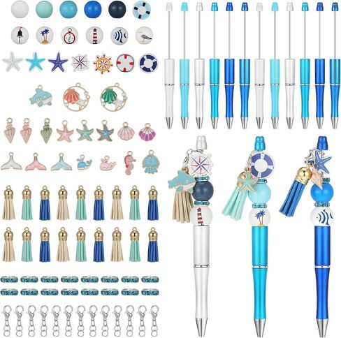 18 Pcs Beadable Pens with Assorted Colors Beads Bulk, Wood Beads for Crafts, Kids Students DIY Beadable Pens for School Office Supplies (Sea) in Saudi Arabia