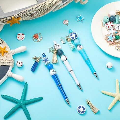 18 Pcs Beadable Pens with Assorted Colors Beads Bulk, Wood Beads for Crafts, Kids Students DIY Beadable Pens for School Office Supplies (Sea) in Saudi Arabia