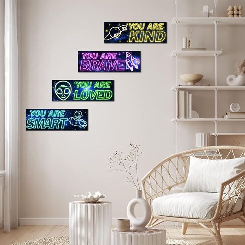 4 Pcs Neon Light Space Wood Sign, Space Decor for Boys Room, Outer Space Room Decor, Space Themed Bedroom Decor, Inspirational Space Wall Art, Space Posters Wall Decor for Nursery Classroom Playroom in Saudi Arabia