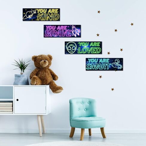 4 Pcs Neon Light Space Wood Sign, Space Decor for Boys Room, Outer Space Room Decor, Space Themed Bedroom Decor, Inspirational Space Wall Art, Space Posters Wall Decor for Nursery Classroom Playroom in Saudi Arabia