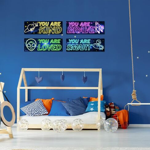 4 Pcs Neon Light Space Wood Sign, Space Decor for Boys Room, Outer Space Room Decor, Space Themed Bedroom Decor, Inspirational Space Wall Art, Space Posters Wall Decor for Nursery Classroom Playroom in Saudi Arabia