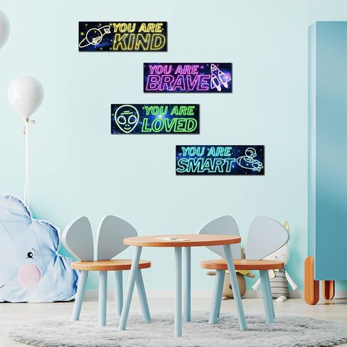 4 Pcs Neon Light Space Wood Sign, Space Decor for Boys Room, Outer Space Room Decor, Space Themed Bedroom Decor, Inspirational Space Wall Art, Space Posters Wall Decor for Nursery Classroom Playroom in Saudi Arabia