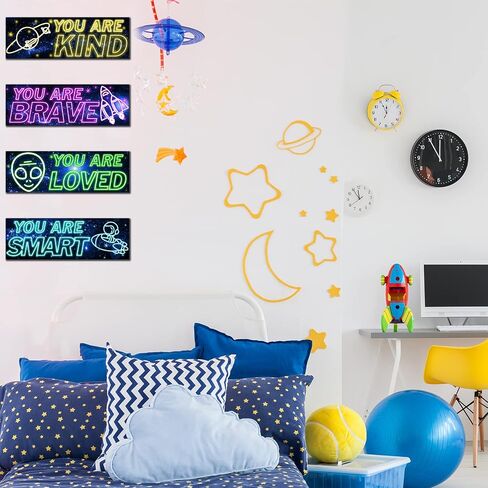 4 Pcs Neon Light Space Wood Sign, Space Decor for Boys Room, Outer Space Room Decor, Space Themed Bedroom Decor, Inspirational Space Wall Art, Space Posters Wall Decor for Nursery Classroom Playroom in Saudi Arabia