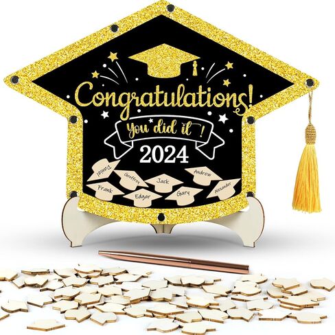 gisgfim Graduation Guest Book Class of 2024 Black Gold Graduation Party Decoration Wood Graduation Hat Signature Book Alternative Congrats Graduation Keepsake Graduation Ceremony Party Favor Supplies in Saudi Arabia
