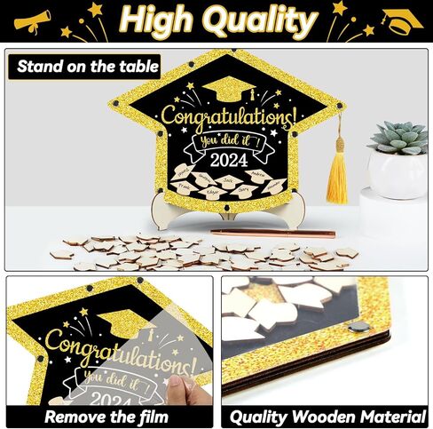 gisgfim Graduation Guest Book Class of 2024 Black Gold Graduation Party Decoration Wood Graduation Hat Signature Book Alternative Congrats Graduation Keepsake Graduation Ceremony Party Favor Supplies in Saudi Arabia