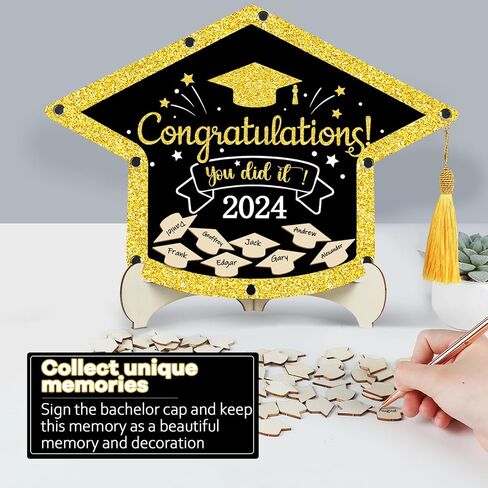 gisgfim Graduation Guest Book Class of 2024 Black Gold Graduation Party Decoration Wood Graduation Hat Signature Book Alternative Congrats Graduation Keepsake Graduation Ceremony Party Favor Supplies in Saudi Arabia