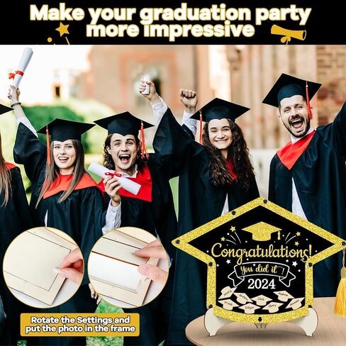 gisgfim Graduation Guest Book Class of 2024 Black Gold Graduation Party Decoration Wood Graduation Hat Signature Book Alternative Congrats Graduation Keepsake Graduation Ceremony Party Favor Supplies in Saudi Arabia
