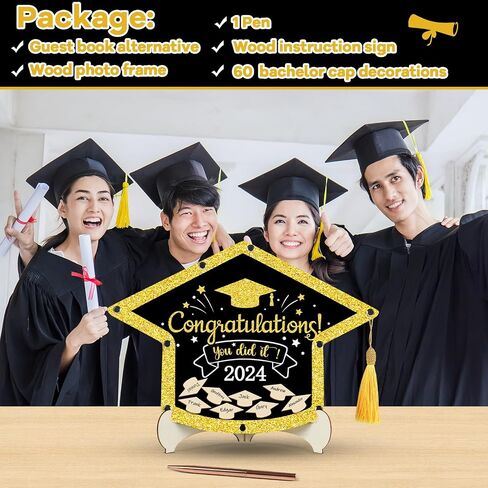 gisgfim Graduation Guest Book Class of 2024 Black Gold Graduation Party Decoration Wood Graduation Hat Signature Book Alternative Congrats Graduation Keepsake Graduation Ceremony Party Favor Supplies in Saudi Arabia