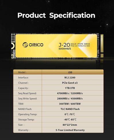 ORICO J20 1TB NVMe SSD, M.2 NVMe SSD PCIe Gen4x4 2280, 3D NAND Internal Solid State Drive, Read Speed up to 4700 MB/s, Compatible with PS5, Storage for PC, Desktop and Laptops -J20 in Saudi Arabia