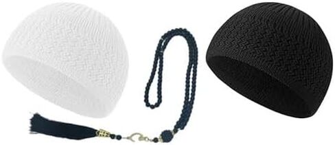 Namaz Cotton Topi, Knit Kufi Hat Skull Caps for Men Women Muslim Breathable Ramadan Beanie, Tasbih 100 Prayer Beads in Kuwait