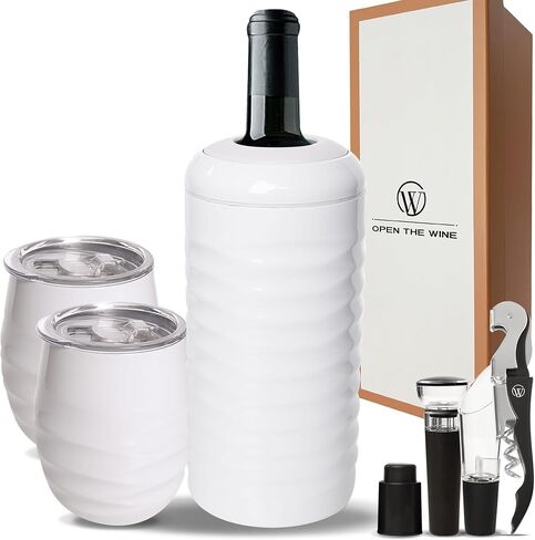 Set of 2 Insulated Wine Tumblers with Lid, Wine Bottle Chiller, and Wine Accessories - Stopper, Aerator, Pourer, Corkscrew - Unique Wine Gifts for Mothers, Women and Wine Lovers (Black) in Saudi Arabia