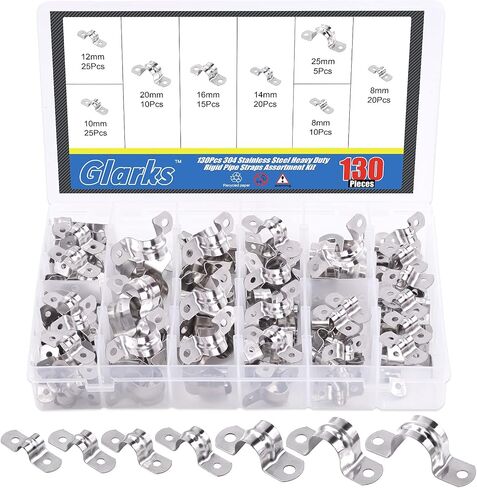 Glarks 130Pcs Two Hole Strap Clamps Set M8 M10 M12 M14 M16 M20 M25 304 Stainless Steel Heavy Duty Rigid Pipe Strap U Bracket Tube Strap Assortment Kit for Pipe Tube Fixing in Saudi Arabia