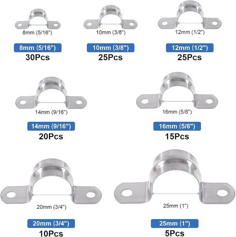 Glarks 130Pcs Two Hole Strap Clamps Set M8 M10 M12 M14 M16 M20 M25 304 Stainless Steel Heavy Duty Rigid Pipe Strap U Bracket Tube Strap Assortment Kit for Pipe Tube Fixing in Saudi Arabia