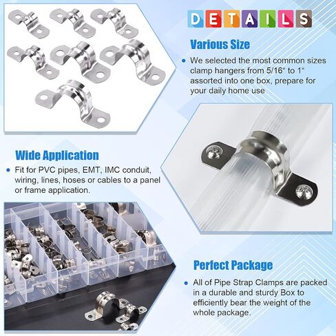 Glarks 130Pcs Two Hole Strap Clamps Set M8 M10 M12 M14 M16 M20 M25 304 Stainless Steel Heavy Duty Rigid Pipe Strap U Bracket Tube Strap Assortment Kit for Pipe Tube Fixing in Saudi Arabia