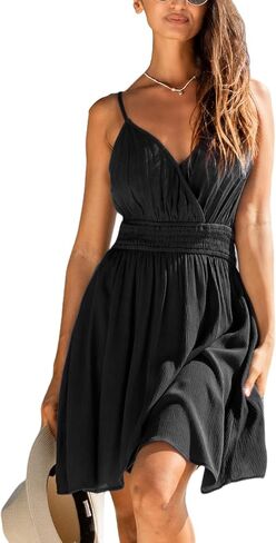 CUPSHE Women's Mini Dress V Neck Sleeveless Smocked Waist Adjustable Straps Surplice Hem Summer Dress in Saudi Arabia