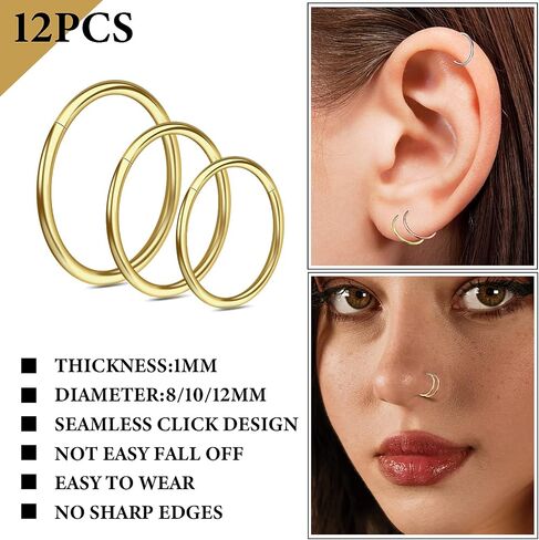12Pcs Hoop Nose Rings 18G Septum Nose Rings Women Men Stainless Steel Double Hoop Nose Ring(6/8/10mm) in Saudi Arabia