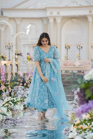 Women Embroidery Sky Blue Organza Anarkali Kurta Pant and Dupatta Set in Saudi Arabia