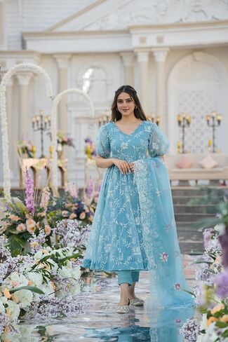 Women Embroidery Sky Blue Organza Anarkali Kurta Pant and Dupatta Set in Saudi Arabia