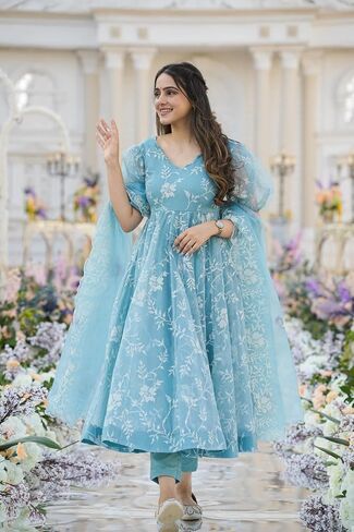 Women Embroidery Sky Blue Organza Anarkali Kurta Pant and Dupatta Set in Saudi Arabia