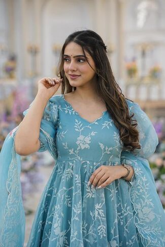 Women Embroidery Sky Blue Organza Anarkali Kurta Pant and Dupatta Set in Saudi Arabia