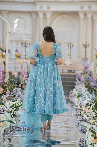 Women Embroidery Sky Blue Organza Anarkali Kurta Pant and Dupatta Set in Saudi Arabia