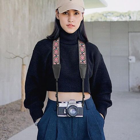 Padwa Lifestyle Camera Strap - 2" Full Grain Leather Ends Camera Straps for Photographers, Vintage Embroidered Cotton Weave Soft Suede Fabric Padded Strap Quick Release fits All Cameras in Saudi Arabia