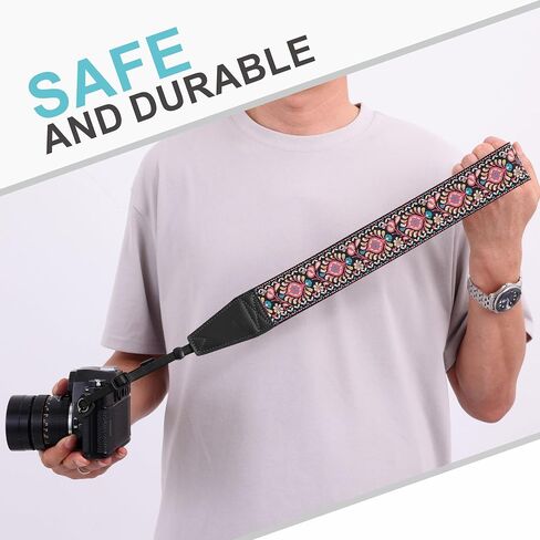 Padwa Lifestyle Camera Strap - 2" Full Grain Leather Ends Camera Straps for Photographers, Vintage Embroidered Cotton Weave Soft Suede Fabric Padded Strap Quick Release fits All Cameras in Saudi Arabia