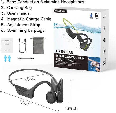 Bone Conduction Swimming Headphones,Waterproof IP68,Wireless Bluetooth 5.3 Earphones with Microphone, Built-in 32GB TF for More Than 10H Music Play, Open Ear Bluetooth Headphones in Kuwait
