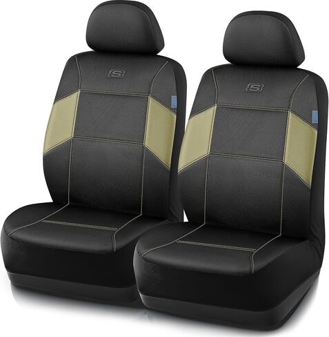Skechers Work Car Seat Covers, 5-Times Stronger Built-in Webbing Seat Cover Full Set, Mesh Fabric Seat Cover for Car, Airbag Compatible, Automotive Comfort for Most Cars, Trucks, SUVs (Beige,Full Set) in Saudi Arabia