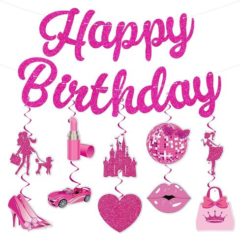 Girls Party Decorations Pink Happy Birthday Banner Pink Princess Party Hanging Decoration for Pink Themed Party Bachelorette Princess Birthday Bridal Shower Wedding Party Supplie in Saudi Arabia