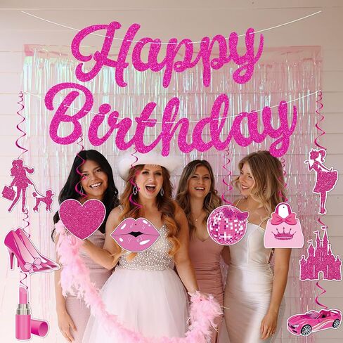 Girls Party Decorations Pink Happy Birthday Banner Pink Princess Party Hanging Decoration for Pink Themed Party Bachelorette Princess Birthday Bridal Shower Wedding Party Supplie in Saudi Arabia