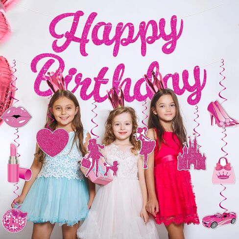 Girls Party Decorations Pink Happy Birthday Banner Pink Princess Party Hanging Decoration for Pink Themed Party Bachelorette Princess Birthday Bridal Shower Wedding Party Supplie in Saudi Arabia