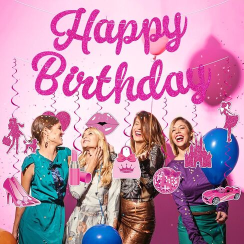Girls Party Decorations Pink Happy Birthday Banner Pink Princess Party Hanging Decoration for Pink Themed Party Bachelorette Princess Birthday Bridal Shower Wedding Party Supplie in Saudi Arabia