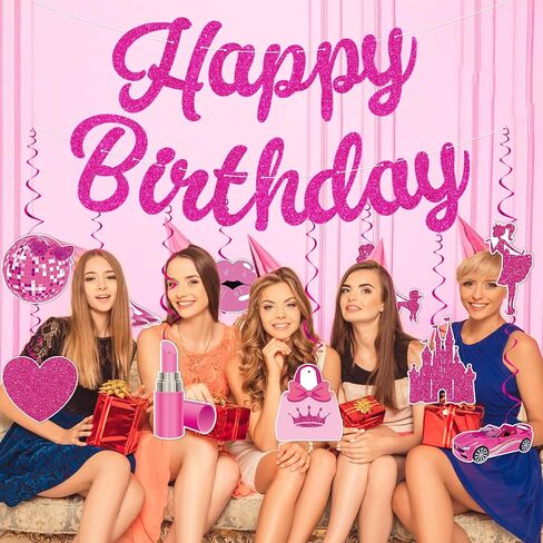 Girls Party Decorations Pink Happy Birthday Banner Pink Princess Party Hanging Decoration for Pink Themed Party Bachelorette Princess Birthday Bridal Shower Wedding Party Supplie in Saudi Arabia