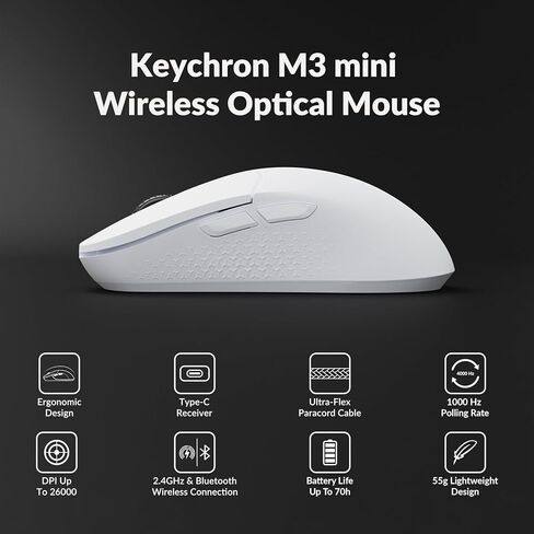 Keychron M3 Mini Wireless Gaming Optical Mouse, Tri-Mode 2.4 GHz/Bluetooth 5.1/Wired, PixArt PAW 3395 Sensor, 26000 DPI, LED RGB Backlit, Lightweight Programmable Macro Button for Windows/Mac - Black in Saudi Arabia