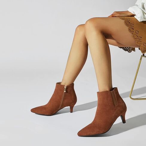 Women's Kitten Heel Ankle Boots Elastic Strap Suede Short Booties Pointed Toe Side Zipper Fashion Chelsea Dress Boots in Saudi Arabia