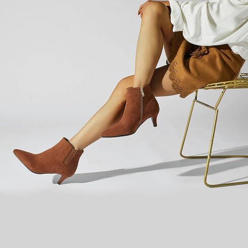Women's Kitten Heel Ankle Boots Elastic Strap Suede Short Booties Pointed Toe Side Zipper Fashion Chelsea Dress Boots in Saudi Arabia