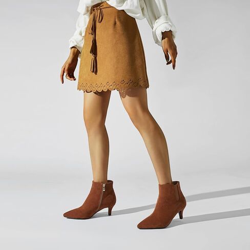 Women's Kitten Heel Ankle Boots Elastic Strap Suede Short Booties Pointed Toe Side Zipper Fashion Chelsea Dress Boots in Saudi Arabia