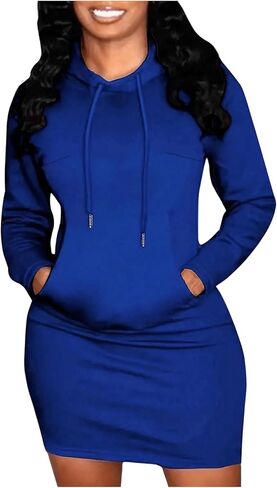 Women's Drawstring Hooded Bodycon Dress Long Sleeve Kangaroo Pocket Long Tall Sweatshirt Dresses in Saudi Arabia