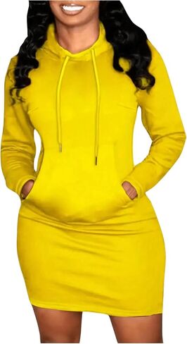 Women's Drawstring Hooded Bodycon Dress Long Sleeve Kangaroo Pocket Long Tall Sweatshirt Dresses in Saudi Arabia