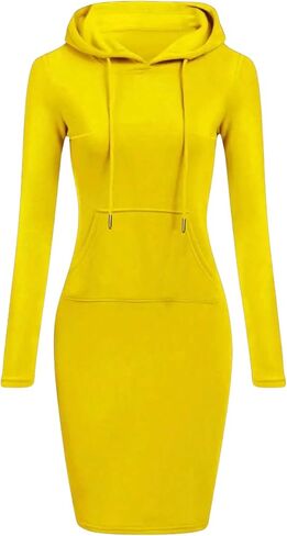 Women's Drawstring Hooded Bodycon Dress Long Sleeve Kangaroo Pocket Long Tall Sweatshirt Dresses in Saudi Arabia