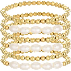 Gold Pearl Beaded Enewton Bracelets for Women,Gold Pearl Stackable Stretch Bead Ball Bracelet for Girls,Adjustable Layered Pearl Bracelet Sets