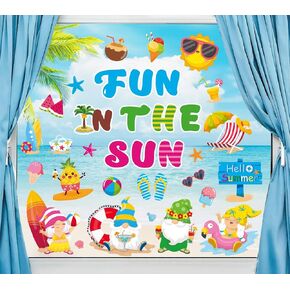 Summer Fun in The Sun Window Clings Hawaiian Beach Gnome Window Decals Double-Sided Window Decor for Summer Pool Party Home Office Decor, 4 Sheets