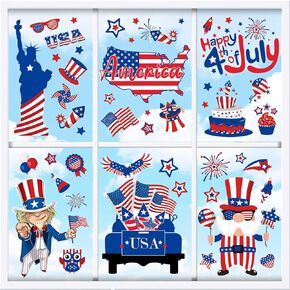 Whaline 9 Sheets 4th of July Window Clings Patriotic Window Stickers Truck Gnome American Flag Double-Sided Window Decals for Independence Day Party Supplies School Home Office Decoration